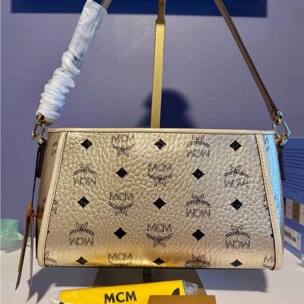 MCM Gold Beige Visetos Logo Shoulder Bag - Picture 3 of 6